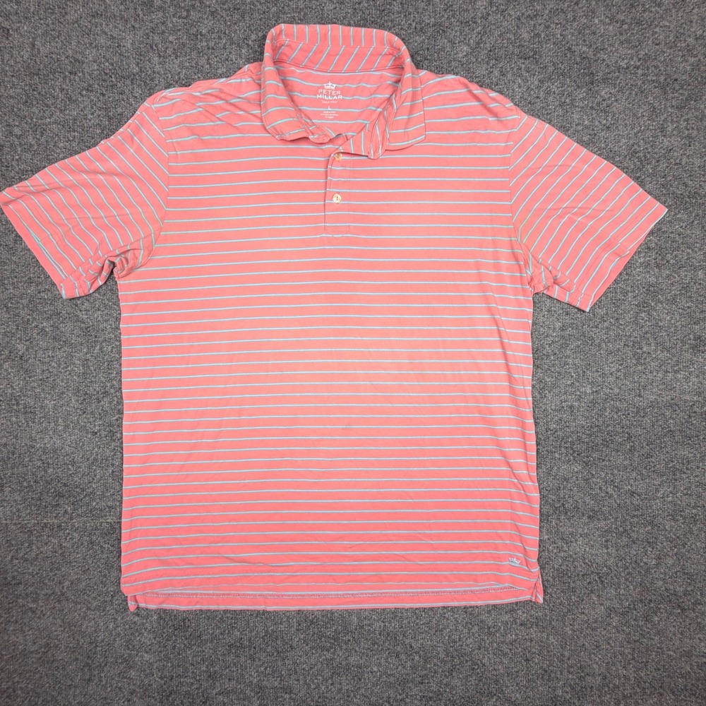 Peter Millar Seaside Wash Polo Shirt Mens Large Coral Pink Blue Striped Cotton